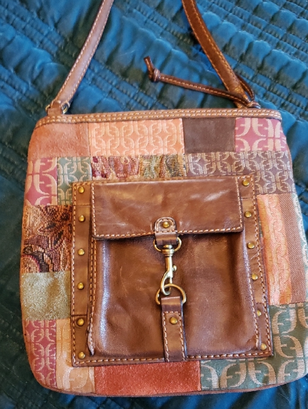 Vintage Fossil Multicolor OP Patchwork Leather-Trim Crossbody Bad